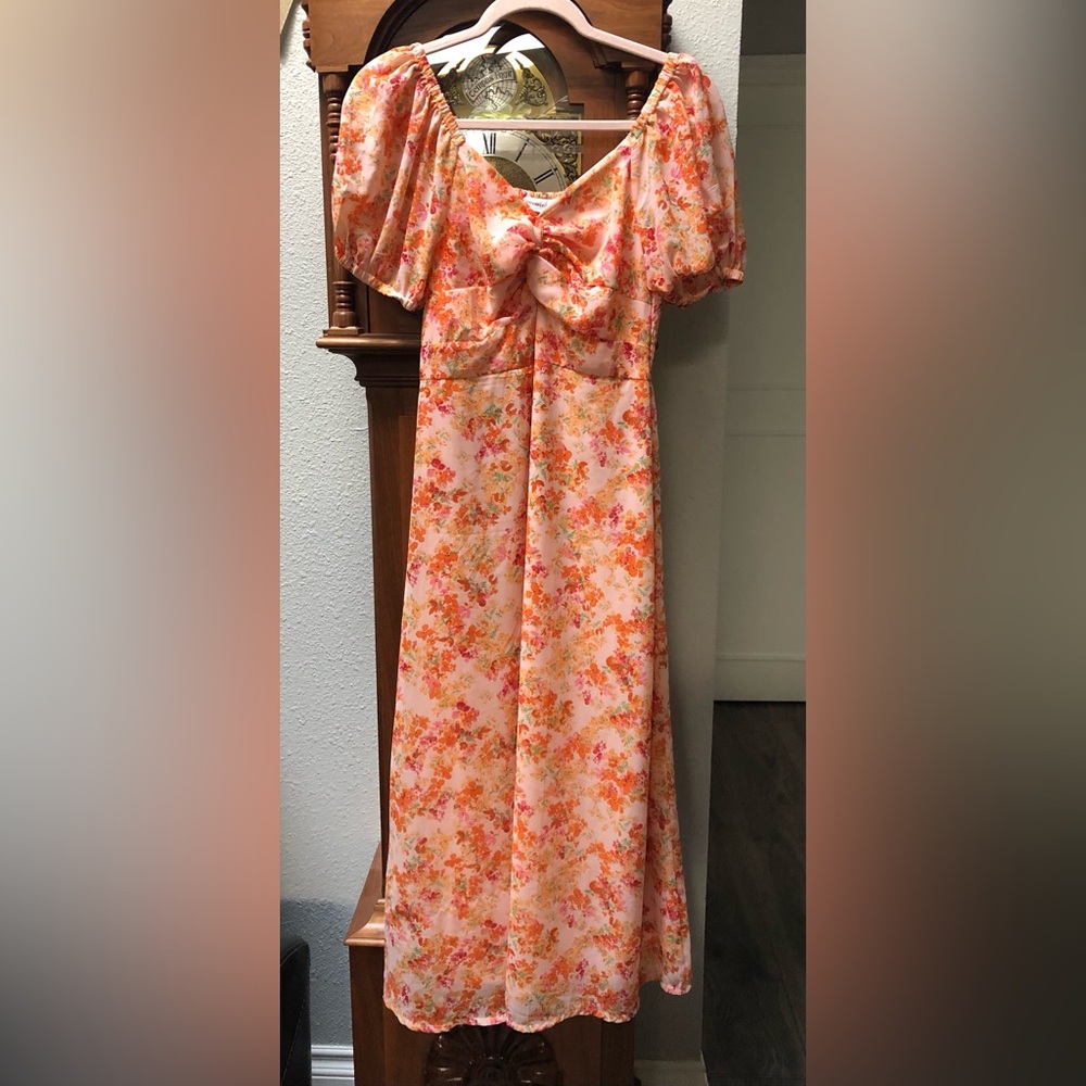 Sincerely Jules Pink Floral Puff-Sleeve Dress with Tie Front